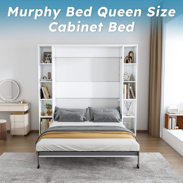 English Elm Queen Murphy Bed Foldable Wall Unit with Side Cabinets and Solid Wood Slat Support W509S00152