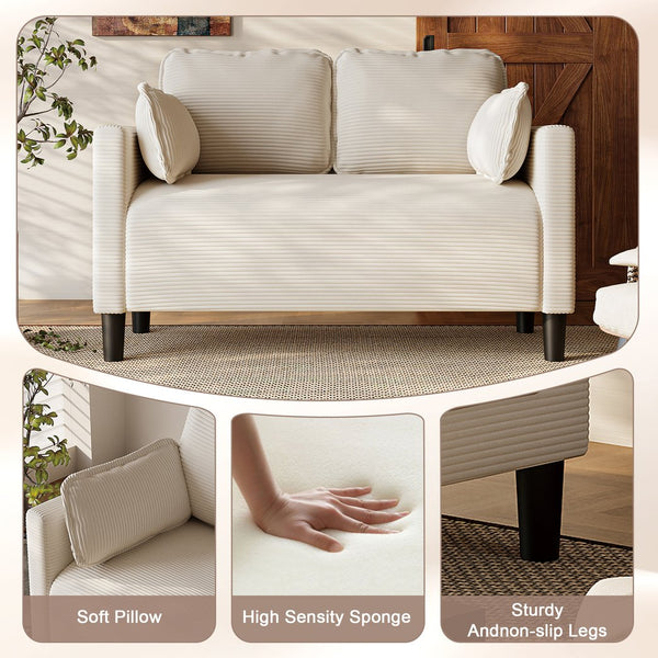 English Elm 48" Corduroy Compact Loveseat with Side Pocket Solid Wood Frame for Small Spaces Beige W2715P409864