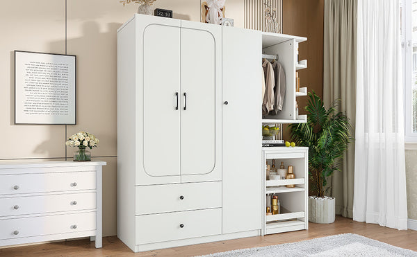 English Elm Multifunctional Wardrobe Cabinet with Fold Out Desk Hanging Rod and Storage Drawers Light White W1580S00475