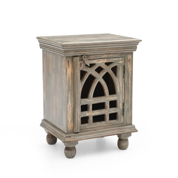 English Elm Christopher Knight Home® - Antique Hand-Carved Grey Mango Wood Nightstand – Distressed Vintage Finish, Solid Craftsmanship, Bedside Storage N758P194723D