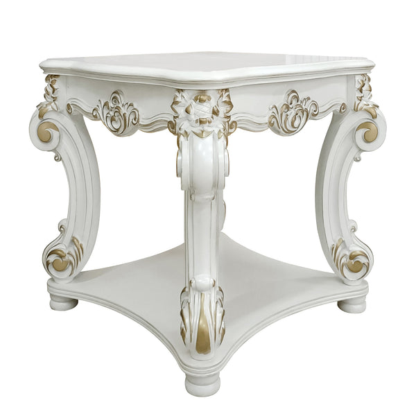 English Elm Antique Pearl End Table with Scrolled Trim and Lower Display Shelf for Elegant Traditional Décor White B062P186419