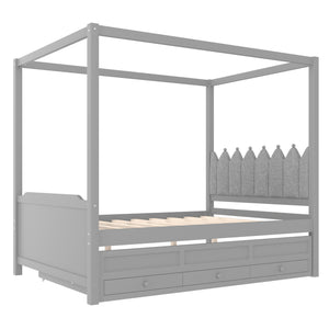 English Elm Full Bunk Bed with Trundle Bookshelf Storage Pine Frame Car Design for Kids W1580S00318