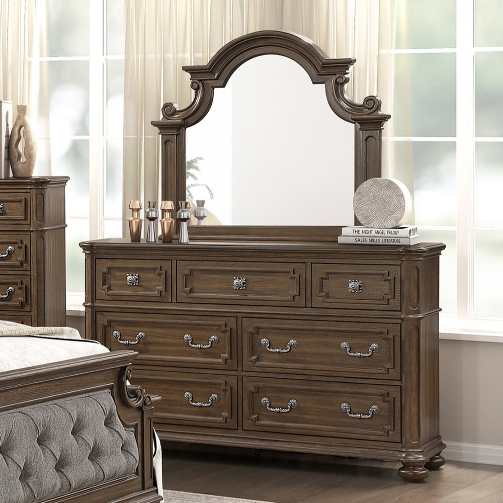 English Elm Traditional Oak Veneer Dresser with Arched Mirror Seven Drawer Bedroom Set B011S02506