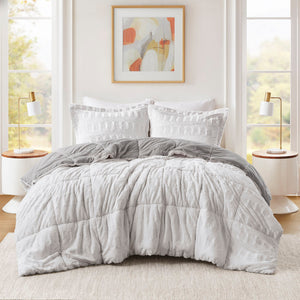 JLA Home Madison Park - Back Plush Reversible Long Faux Fur Comforter Mini Set — Luxurious Hypoallergenic Cozy Bedding Pair Gray/White MP10-7237