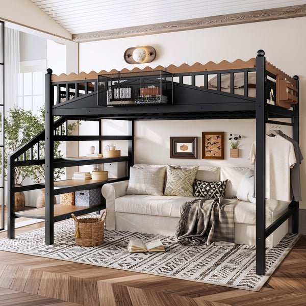 English Elm Twin Xl Metal Loft Bed with Stair Storage Shelves Sturdy Steel Frame for Dorms W1580S00379