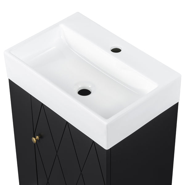 English Elm 20 Modern Wall-Mounted Bathroom Vanity with Ceramic Sink, Diamond Door, Gold Handles & Shelves — Compact Black N725P314033B