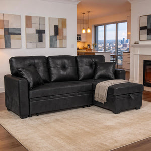 English Elm Sleeper Sectional Sofa with Storage Chaise Tufted Black Fabric L-shaped Living Room W5568S00037