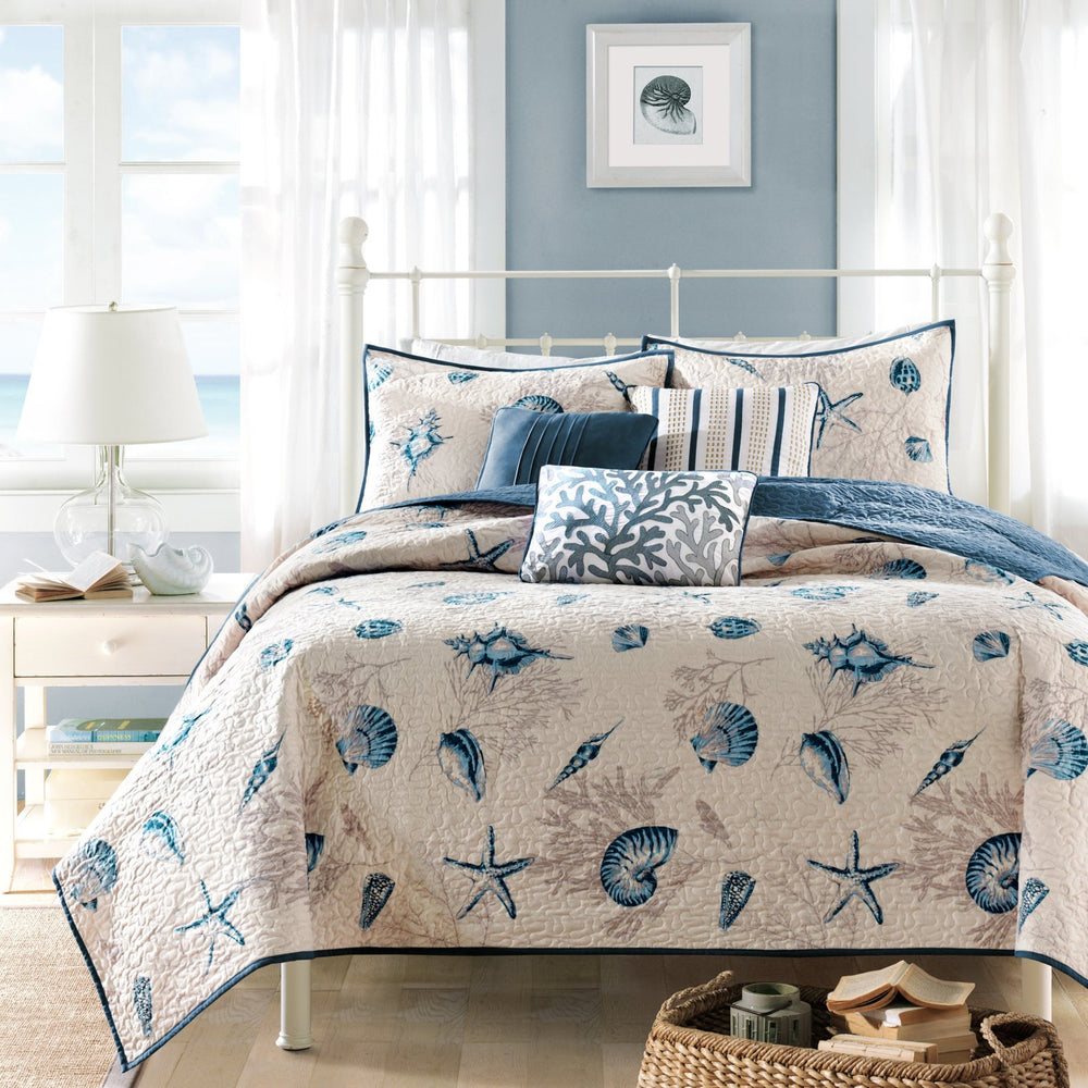 English Elm Brushed Bayside Reversible Quilt Set with Seashell Print, Blue/Ivory Twin/Twin XL, 5pc Coastal Accents pillows embroidered pleated дизайн B03597503