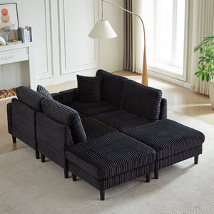 English Elm 122.5-Inch Oversized U-Shaped Modular Sofa Corduroy Sectional with Double Chaise, Ottoman, Pillows and Plastic Legs Black W1193S00121