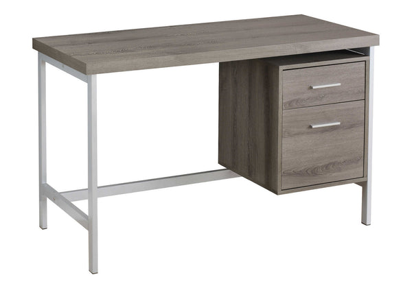 English Elm Computer Desk with Reversible Left/Right Setup, 48" Laminate Top, Grey Metal Frame, Drawer Storage for Files and Supplies, Contemporary Design taupe 56 L x 29 W x 7 H B2710P219623