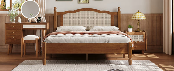 English Elm Queen Arched Rattan Headboard Platform Bed Matte Pine Frame No Box Spring Needed Walnut N733P180013D