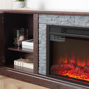 English Elm 70" Modern TV Stand with 23" Electric Fireplace, Faux Stone Mantel, Ample Storage & Cable Management Cherry W2275S00023