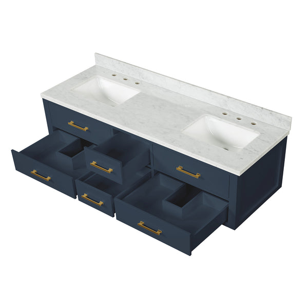 English Elm Blue Double Bath Vanity 72 in W x 22 in D with Carrara Marble Top, Soft-Close Drawers & Dual 34" Mirrors B2731S01571
