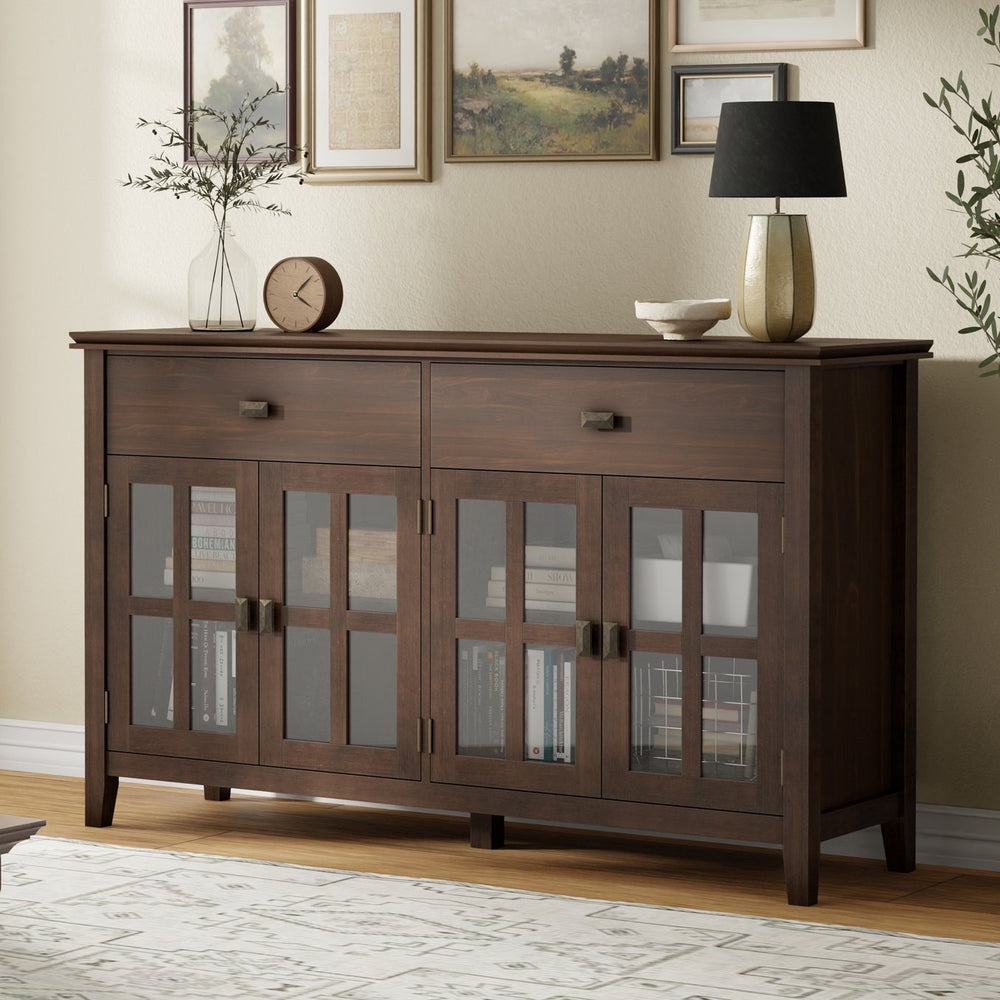 English Elm Artisan Solid Pine Four Door Buffet with Glass Panels for Dining Room Storage B136P439005