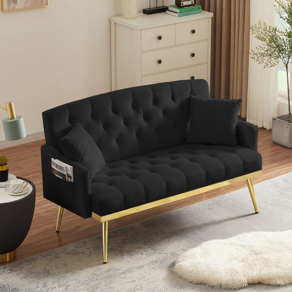English Elm Black Tufted Velvet Compact Sofa with Glamorous Gold Legs for Stylish Living Spaces W3985P426914