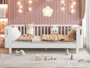 English Elm Twin Low Profile Pine Wood Kids Bed with Safety Rails and Fence Style Headboard W2593P367052