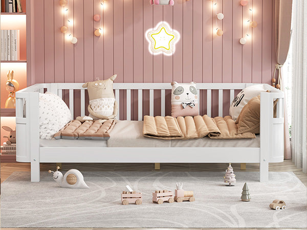 English Elm Twin Low Profile Pine Wood Kids Bed with Safety Rails and Fence Style Headboard W2593P367052