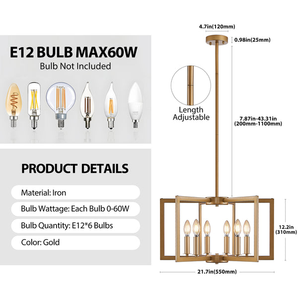 English Elm 22" Modern Geometric 6-Light Chandelier - Industrial Iron Pendant Light Fixture for Living & Dining Spaces Gold W2312P368724