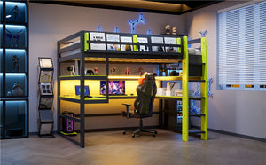 English Elm Full Size Gaming Loft Bed with Rgb Lights Wraparound Shelves and Built-in Usb Ports Green LT000299AAF