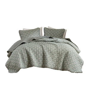 English Elm 3-piece Sage Green Ruffle Quilt Set Romantic Vermicelli Stitched Lightweight Bedding B035P408230