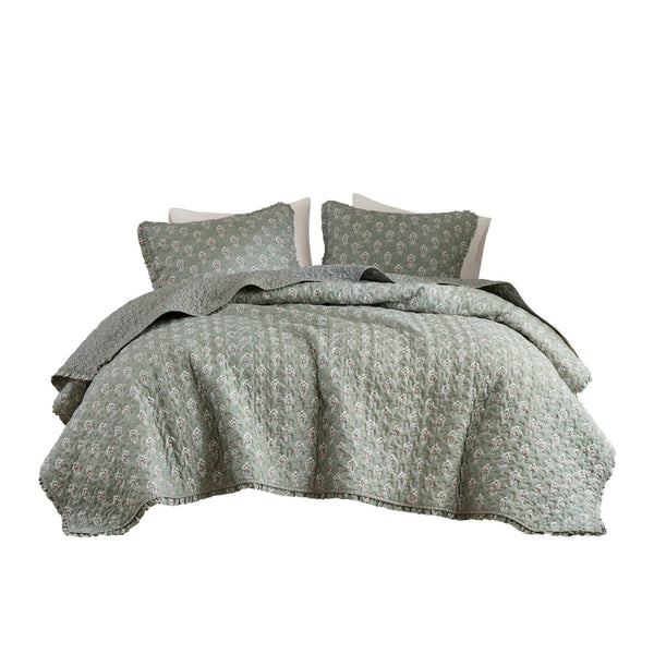English Elm 3-piece King Quilt Set Ruffle Trim Vermicelli Stitching Soft Polyester Bohemian Bedding Sage Green B035P408231