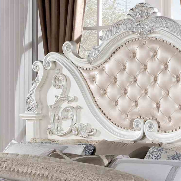 English Elm Luxurious Eastern King Bed Brown Cherry Baroque Tufted Leatherette Carved Wood Frame B2741S00810