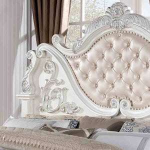 English Elm Pearl White Queen Bed Baroque Carved Tufted Headboard Formal Master Bedroom Statement B2741S00808