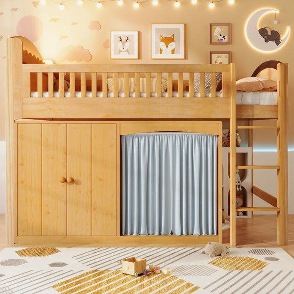 English Elm Twin Loft Bed with Wardrobe Cabinet Led Lighting and Pine Frame for Kids Rooms Wood N7090002236M
