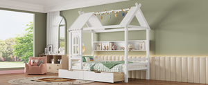 English Elm Twin House Platform Bed with Drawers & Shelves, Solid Wood Playhouse Frame for Kids, Cozy Design Light White W1580S00265