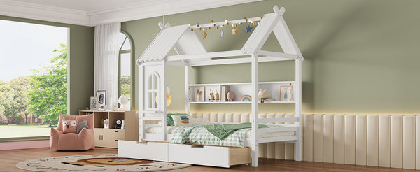 English Elm Twin House Platform Bed with Drawers & Shelves, Solid Wood Playhouse Frame for Kids, Cozy Design Light White W1580S00265
