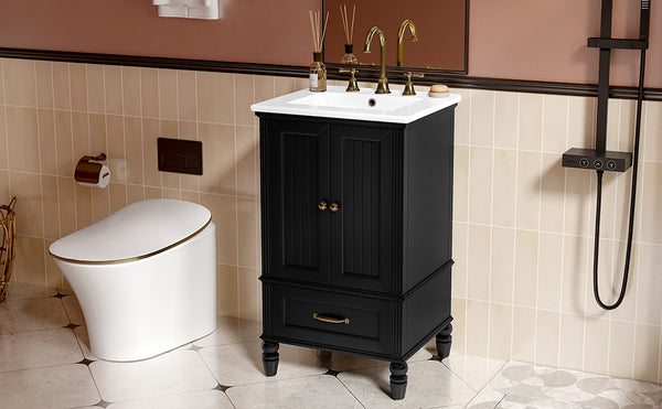 English Elm 20" Bathroom Vanity with Sink Modern MDF Cabinet with Ceramic Top, Drawer, Magnetic Door Stopper Black N725P195132B