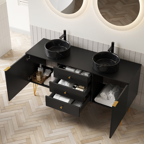 English Elm Gema 60" Freestanding Bathroom Vanity With Black Ceramic Basins, Gold Legs, Storage & Style W2615S00290