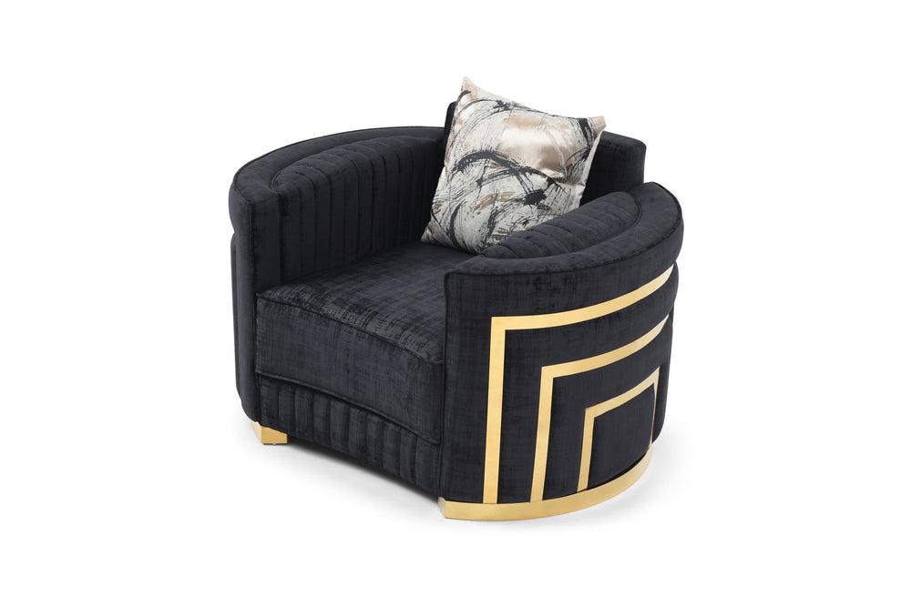 English Elm Soledad Plush 3-Seater Sofa in Rich Black Upholstery with Gold-Hued Chrome Legs & Accent Pillows B078S00629