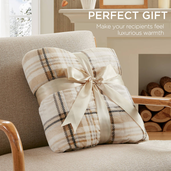 English Elm 1-piece Aztec Heated Throw with 12 Settings Auto Shutoff Soft Ivory Boho Blanket Tan Plaid B035P408330