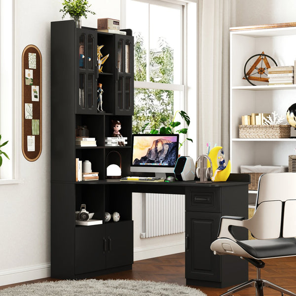 English Elm L-Shaped Corner Computer Desk with Hutch & Drawers, Space-Saving 2-in-1 Design and Ample Storage Black W331S00170