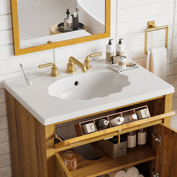 English Elm Christopher Knight Home® - 30-Inch Walnut Vanity with Seashell Resin Sink, Flip-Up Organizer, Soft-Close Doors & Legs Brown N765P33417576B