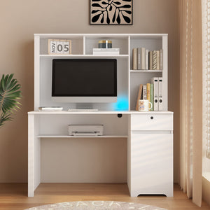 English Elm Computer Desk Modern Home Office with Hutch & Bookshelf, Spacious MDF Surface, Drawers, 3 AC/2 USB Ports, White, Compact Storage Solution W1321S00001