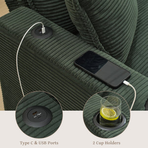 English Elm L Shape Sofa Couch With Usb Ports & Cup Holders, Stylish Green Corduroy 3-Seater & Storage Ottoman W2100S00183