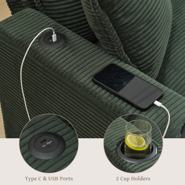 English Elm L Shape Sofa Couch With Usb Ports & Cup Holders, Stylish Green Corduroy 3-Seater & Storage Ottoman W2100S00183