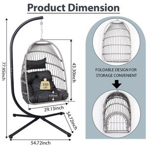 English Elm Foldable Hanging Egg Chair with Stand Pillow, HDPE Wicker, Rust‑Resistant Frame, Cushioned Headrest, 350lb Capacity Gray W2500P369668