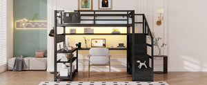 English Elm Full Size Steel Loft Bed with Staircase Storage Wardrobe Desk and Led Lighting Black W2593S00079