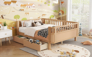 English Elm Full Solid Wood Kids Platform Bed with Guardrail, Low-Profile Durable Pine & MDF, 350LB Capacity Natural 69.69 L x 18.5 W x 8.66 H W2593P331687