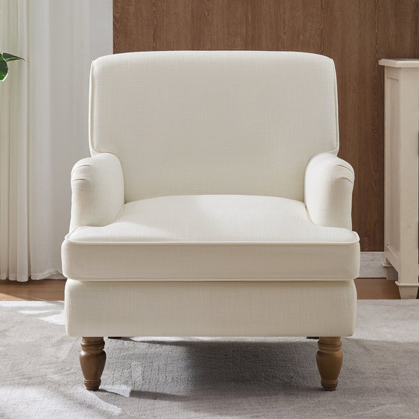 English Elm Vintage Linen Armchair with Rolled Arms and Turned Wood Legs — Plush Cushions, Sturdy Support, Timeless Accent for Living Spaces Cream 29.84 L x 29.5 W x 18.42 H N701P326070C