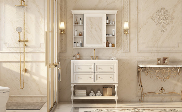 English Elm 36'' Modern Bathroom Vanity with Ceramic Sink and Medicine Cabinet, Solid Wood Frame, 4 Drawers, Waterproof Finish Beige SW000138AAY-1