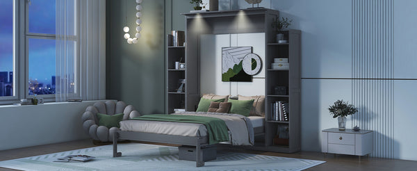 English Elm Full Size Murphy Wall Bed with Led Lighting Side Storage Cabinets and Slatted Support Gray LP000694AAE-1