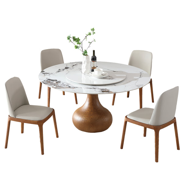 English Elm 53" Round Sintered Stone Dining Table With Lazy Susan - Compact Marble Look For Modern Homes W2699S00019