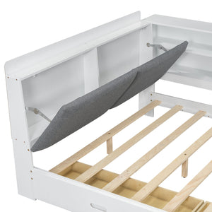 English Elm Wood Full Size platform bed with storage headboard, built-in shelves and drawers, sturdy pine frame, compact solution for small rooms White GX002054AAK