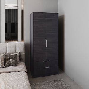 English Elm Armoire with Built-In Mirror and Ample Storage — 4 Doors, 2 Drawers, 4 Shelves, Eco-Friendly Finish Black 78.74 L x 25.59 W x 4.72 H B097S00213