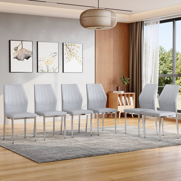 English Elm Set of 6 ergonomic dining chairs with shell-pattern back, 37" height, breathable tech fabric, sturdy metal legs and adjustable anti-slip feet for stable, comfortable seating during meals Light Gray,Silver W1151P359602