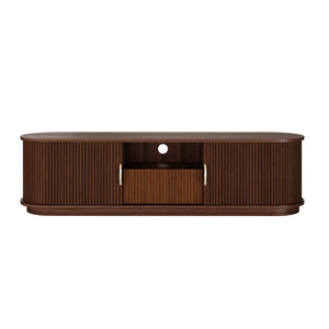 English Elm Vintage Farmhouse Media Console with Slatted Sliding Doors and Brass Hardware for Living Room Walnut N721P427206P
